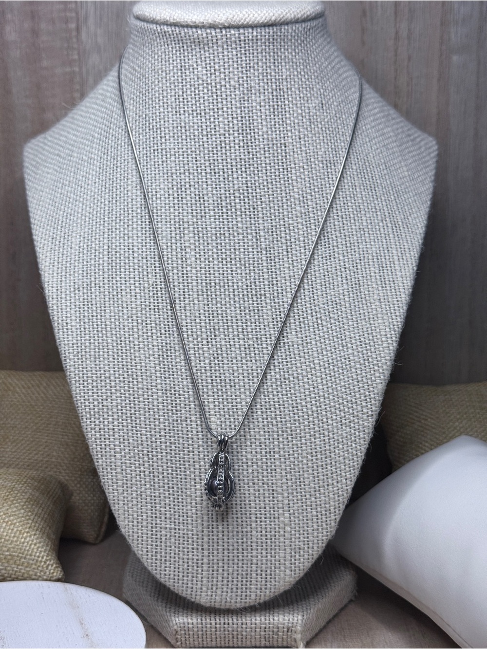 Silver Tone Clear Rhinestone Gourd Cage Locket Black Pearl Necklace